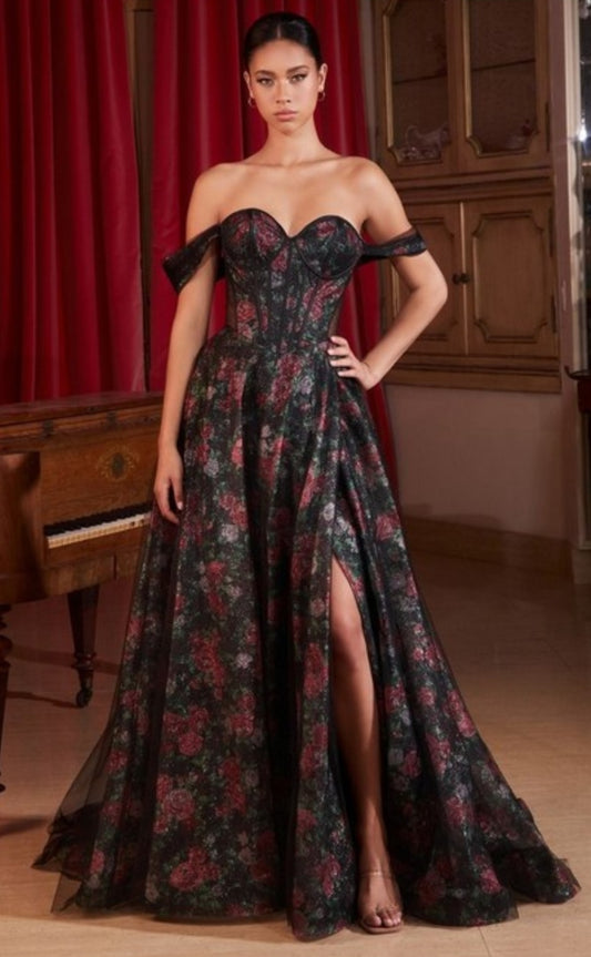 OFF THE SHOULDER BALL GOWN WITH FLORAL OVERLAY