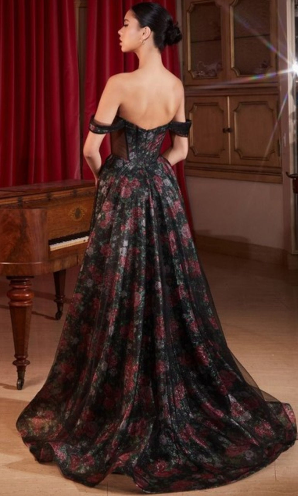 OFF THE SHOULDER BALL GOWN WITH FLORAL OVERLAY