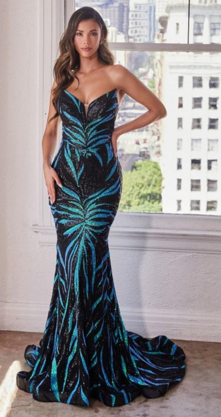 STRAPLESS SEQUIN PRINTED MERMAID GOWN