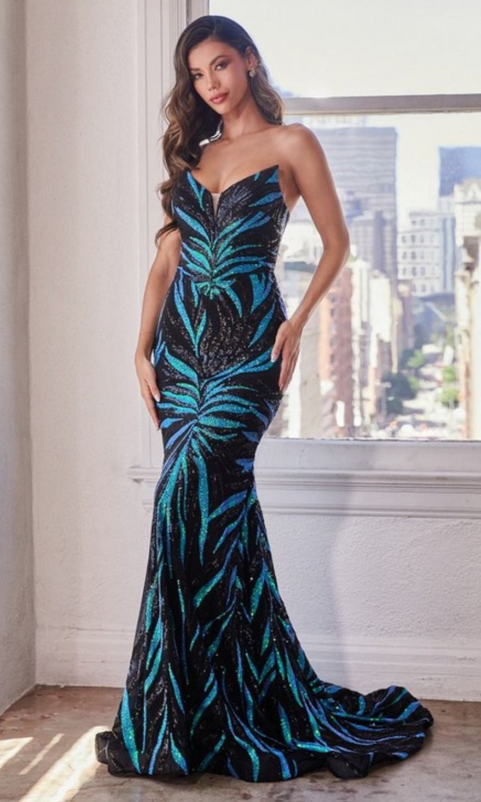 STRAPLESS SEQUIN PRINTED MERMAID GOWN