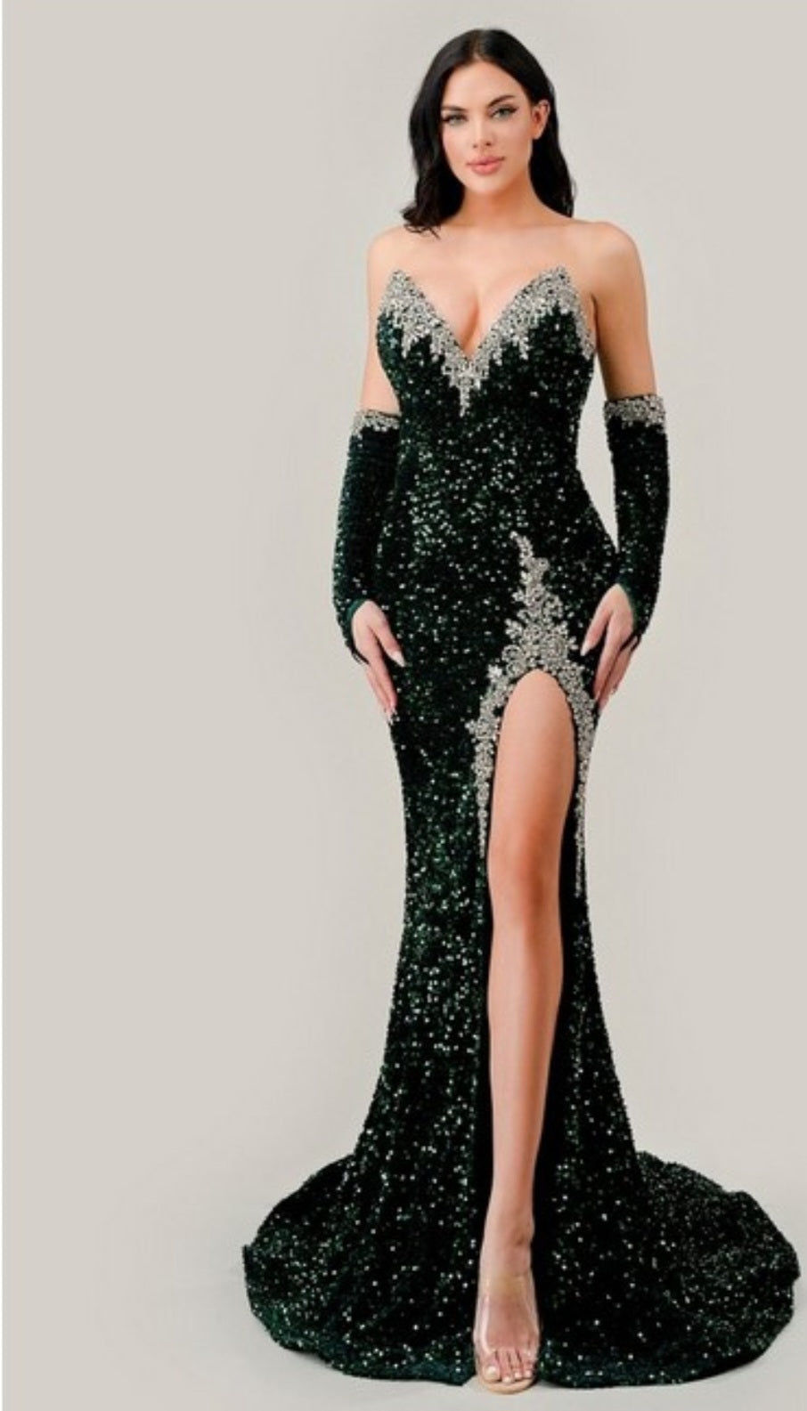 STRAPLESS SEQUIN GOWN WITH MATCHING GLOVES