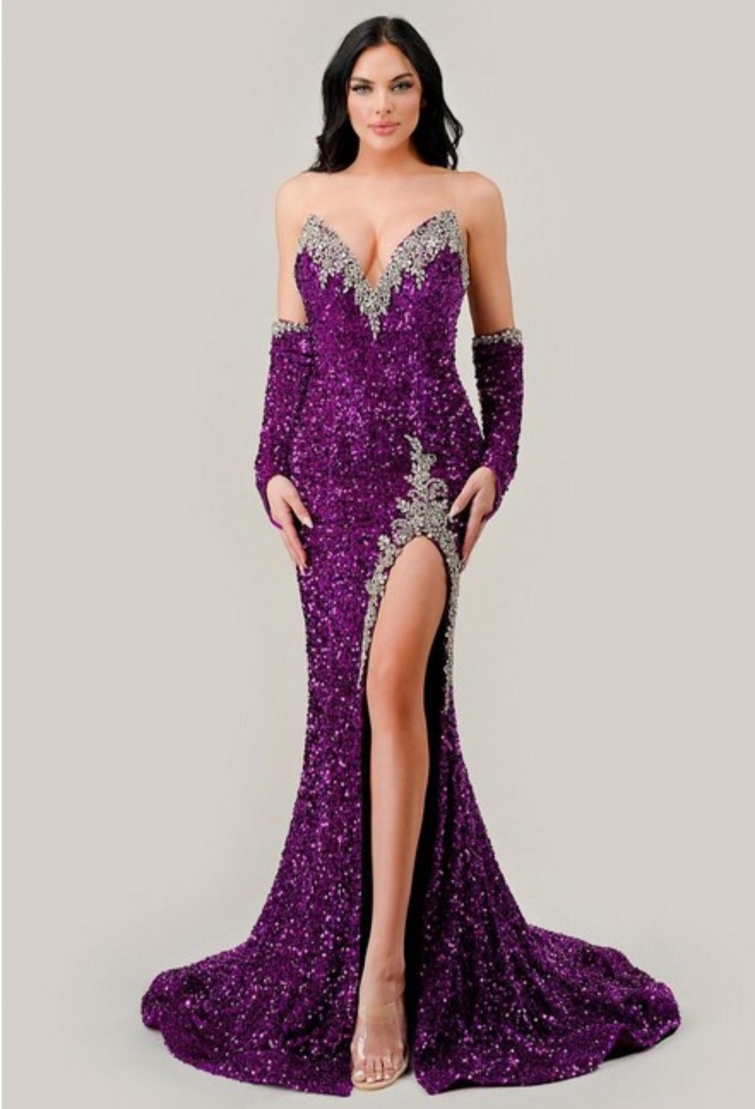 STRAPLESS SEQUIN GOWN WITH MATCHING GLOVES