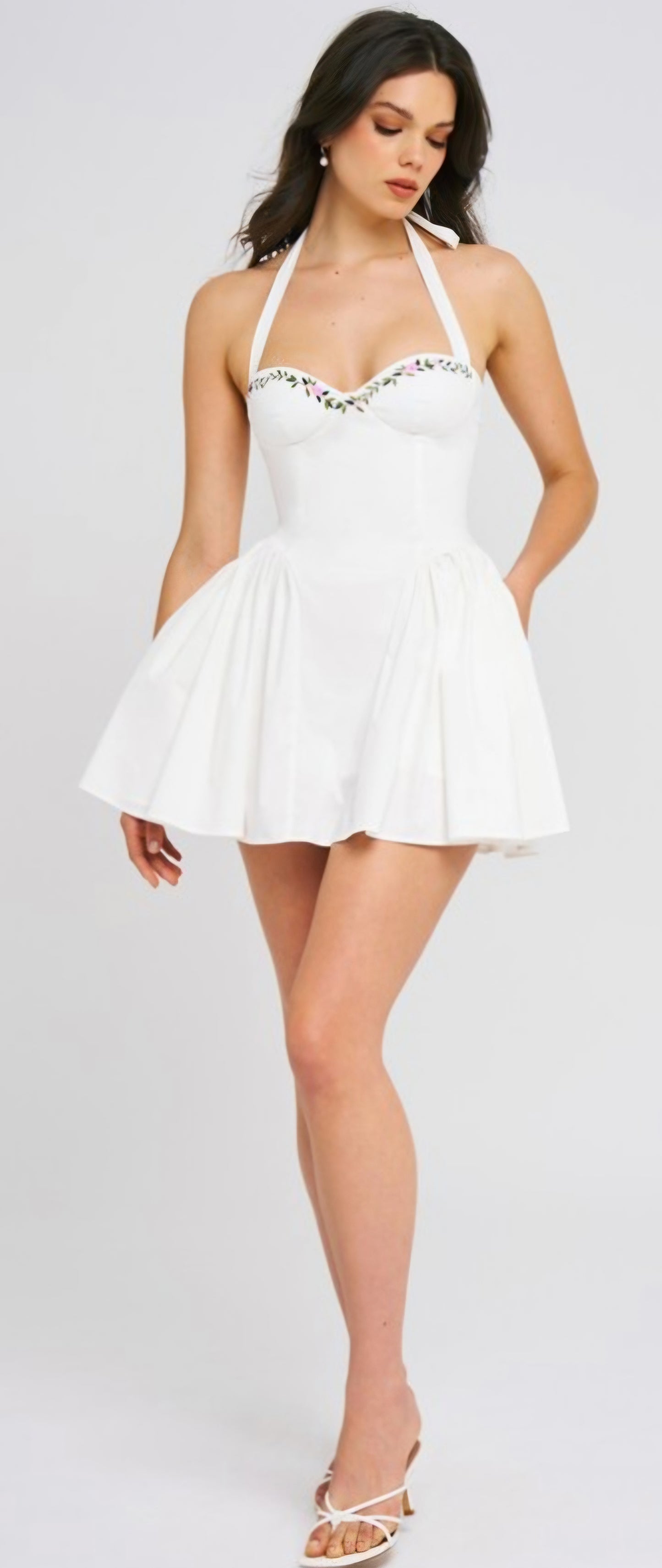 MISS CIRCLE NINA EMBROIDERED HALTER MINI DRESS