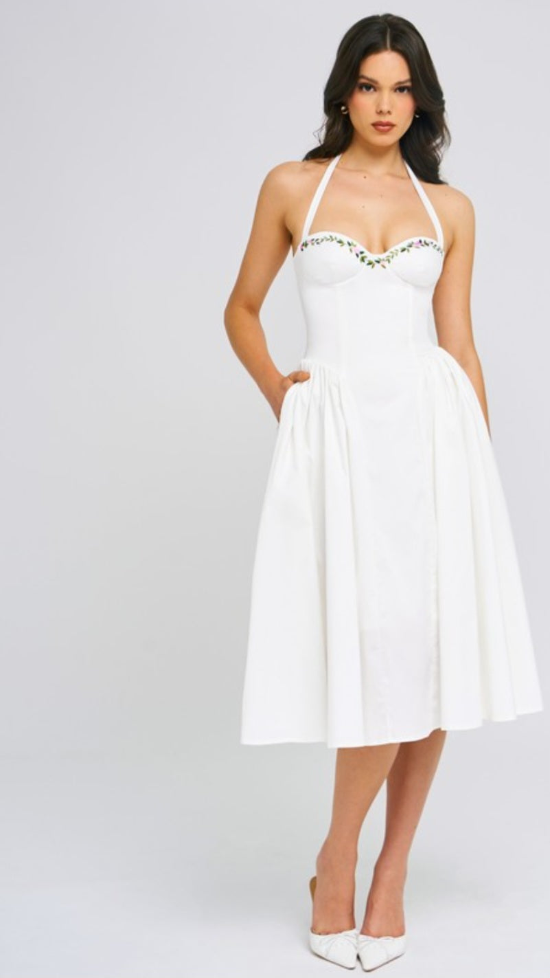 MISS CIRCLE GIANNA EMBROIDERED HALTER MIDI DRESS