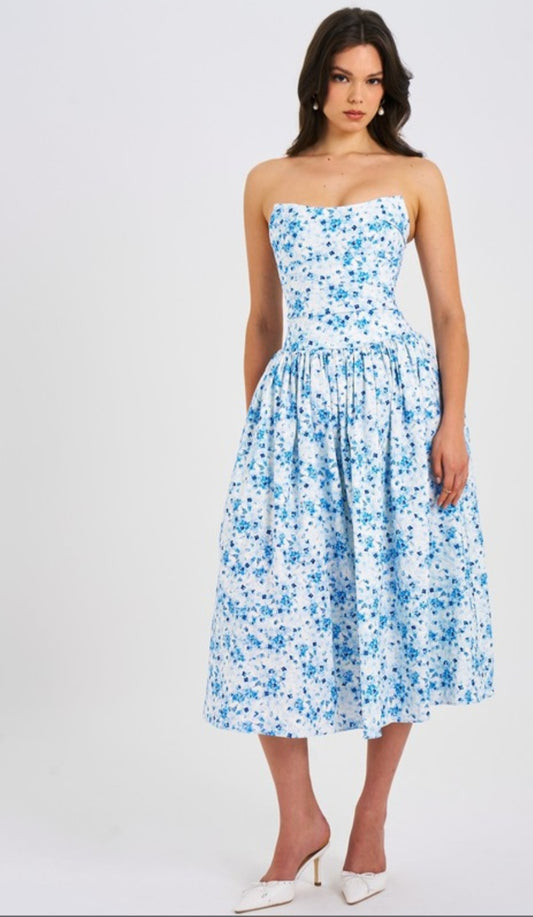 MISS CIRCLE PALOMA PRINTED LINEN CORSET MIDI DRESS