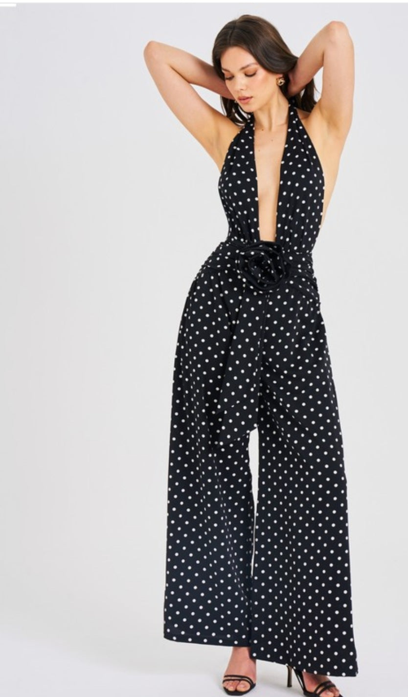 MISS CIRCLE ORIANA POLKA DOT HALTER JUMPSUIT