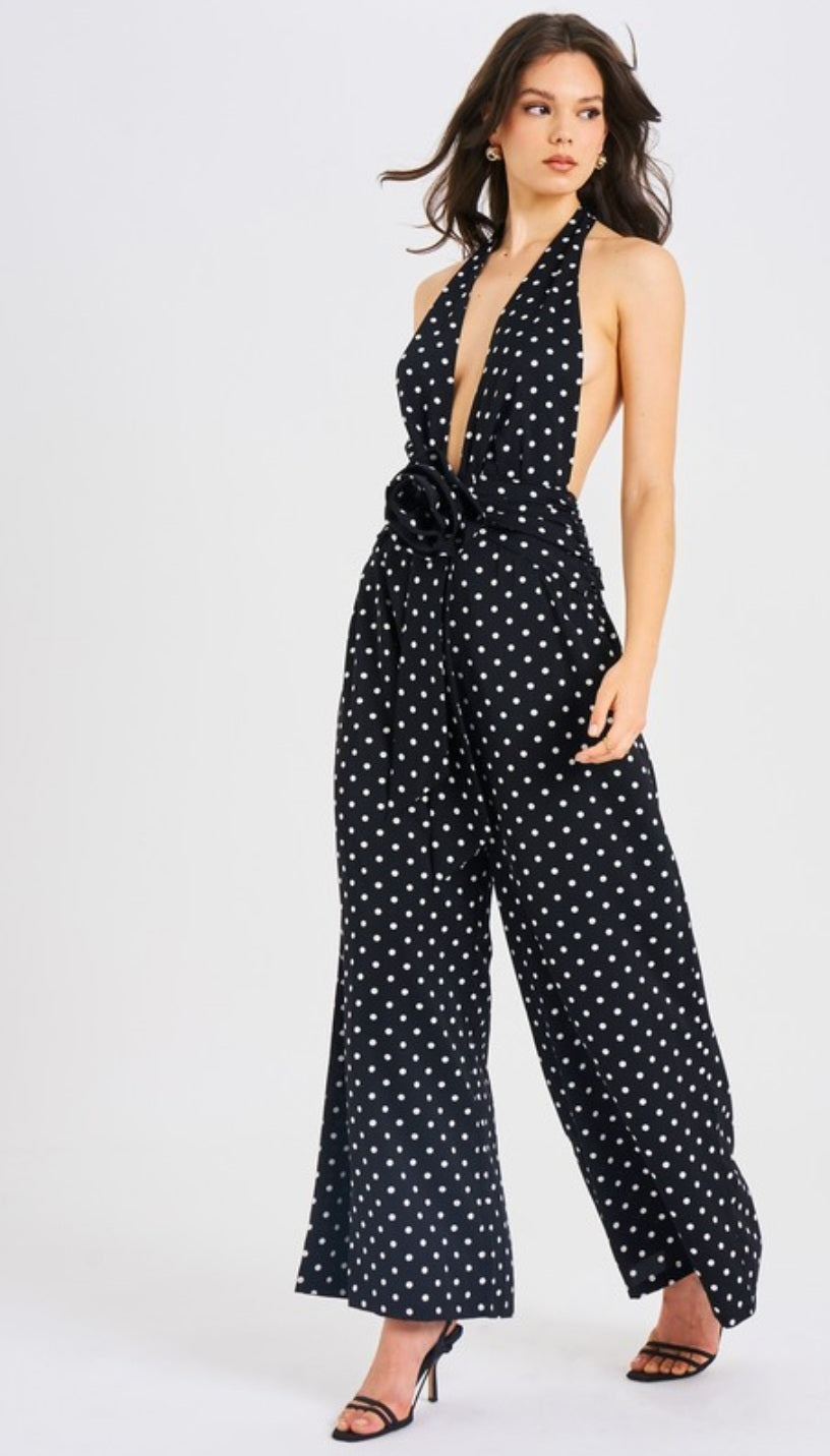 MISS CIRCLE ORIANA POLKA DOT HALTER JUMPSUIT