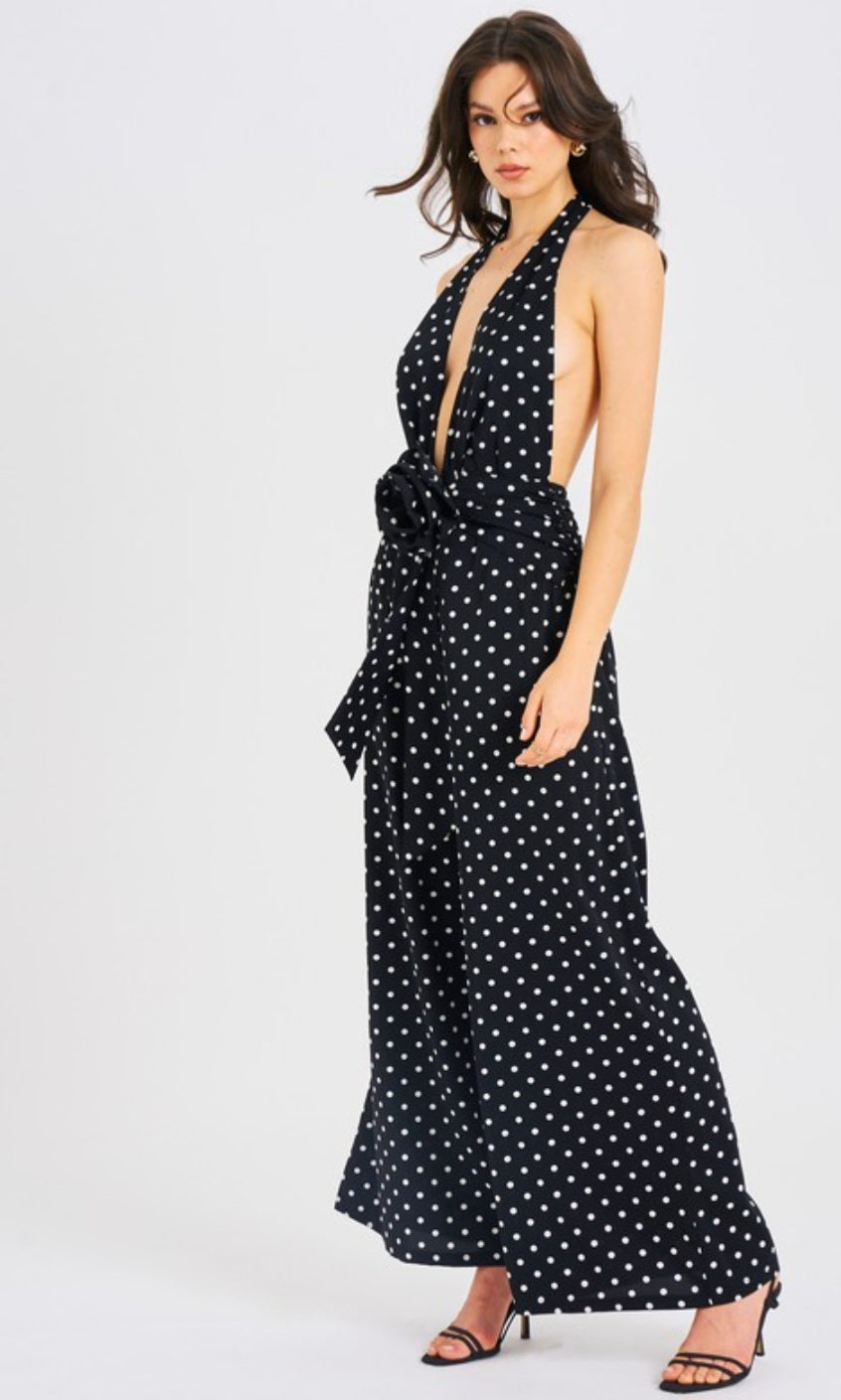 MISS CIRCLE ORIANA POLKA DOT HALTER JUMPSUIT