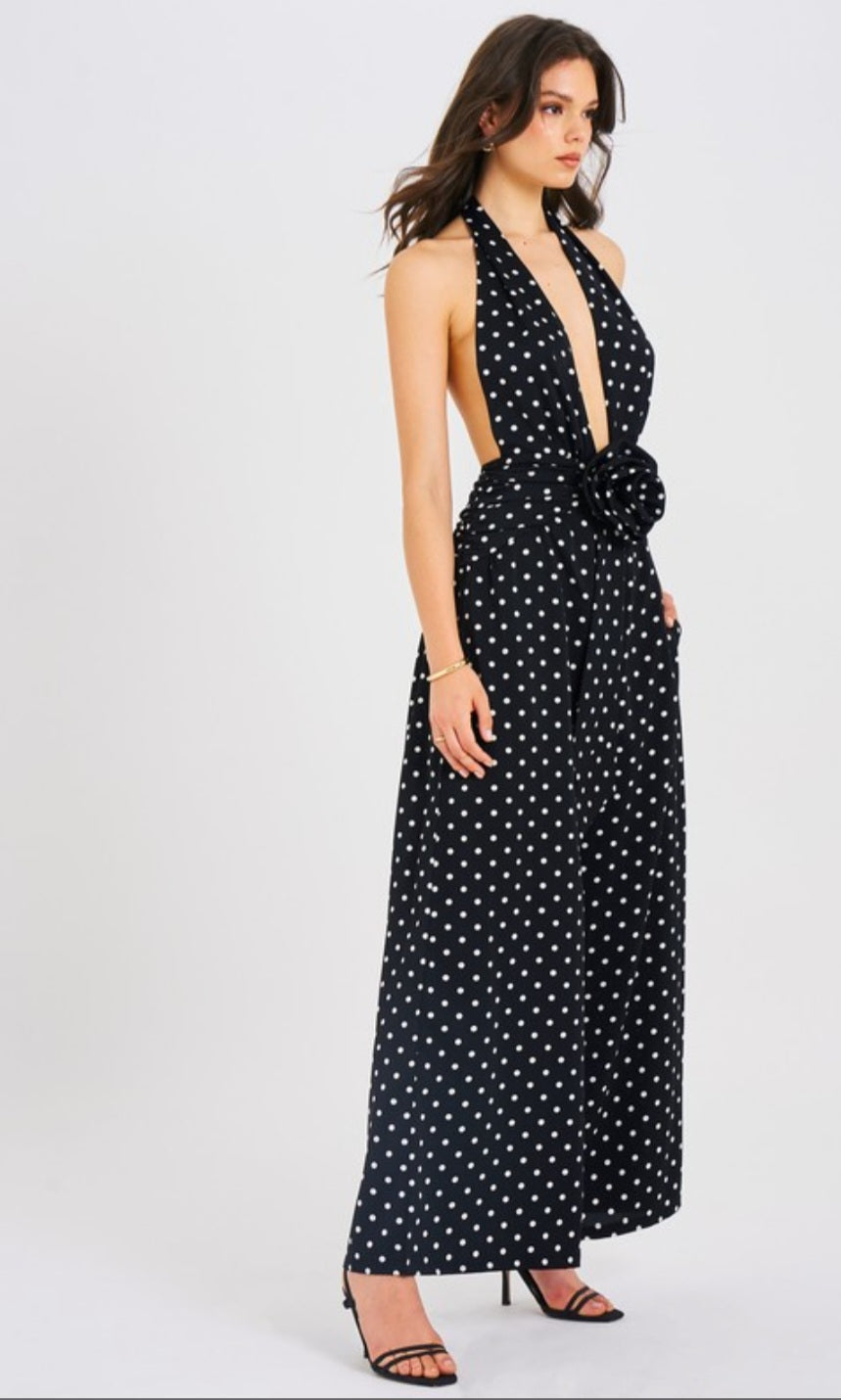 MISS CIRCLE ORIANA POLKA DOT HALTER JUMPSUIT