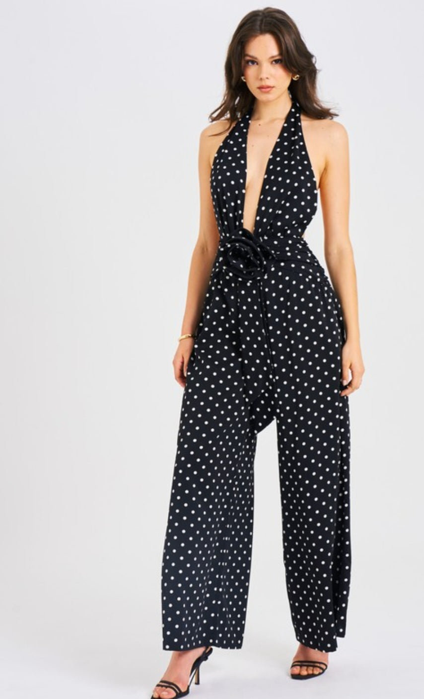 MISS CIRCLE ORIANA POLKA DOT HALTER JUMPSUIT