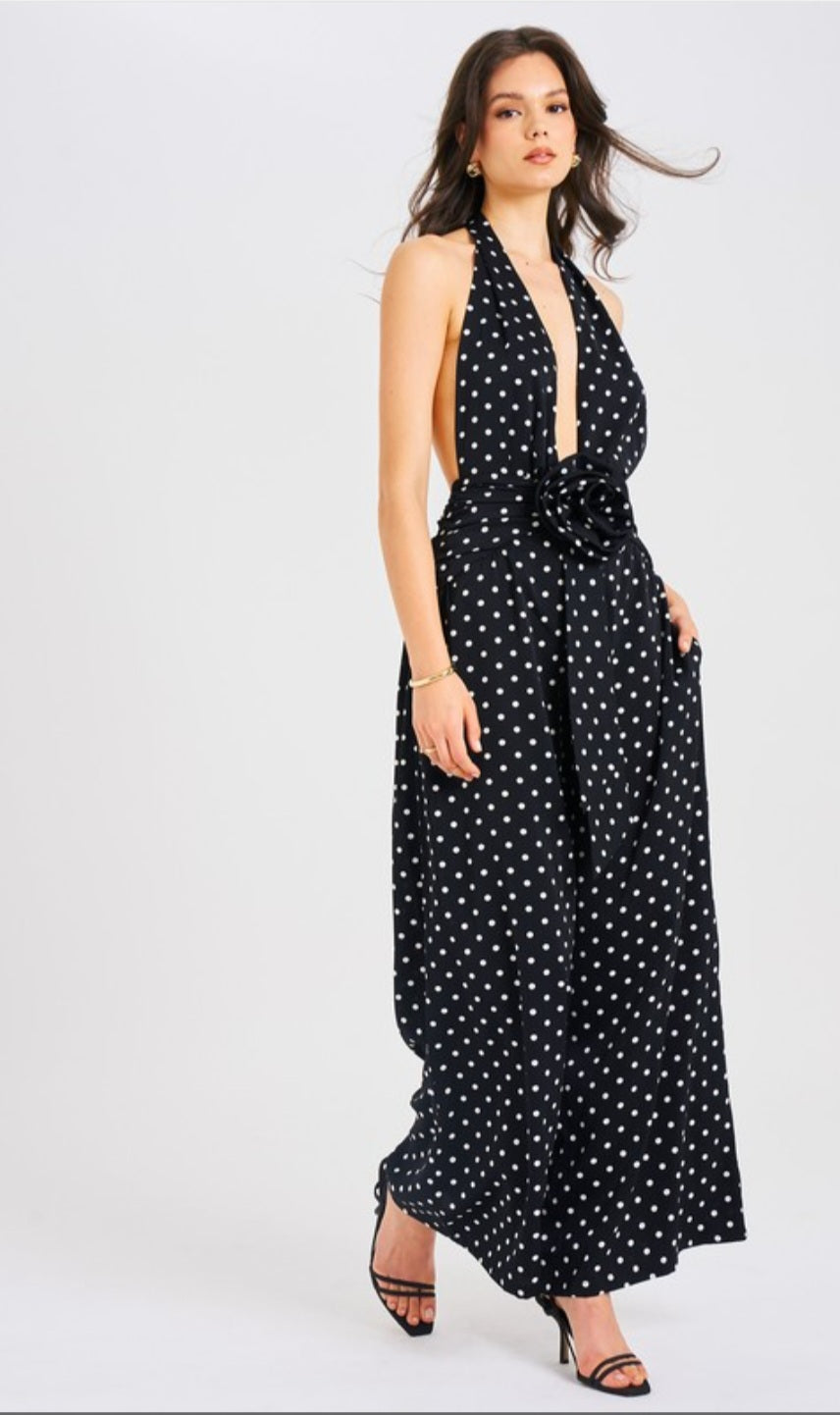 MISS CIRCLE ORIANA POLKA DOT HALTER JUMPSUIT