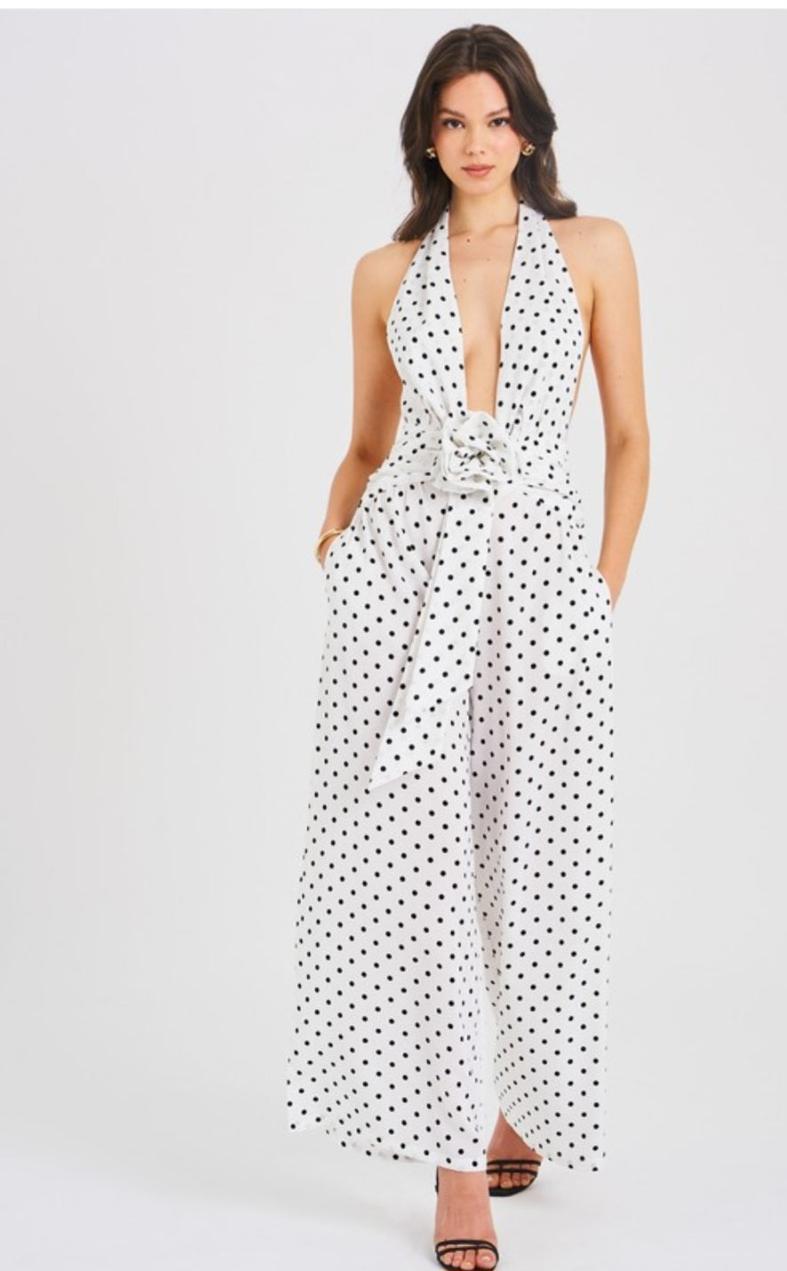 MISS CIRCLE ORIANA POLKA DOT HALTER JUMPSUIT