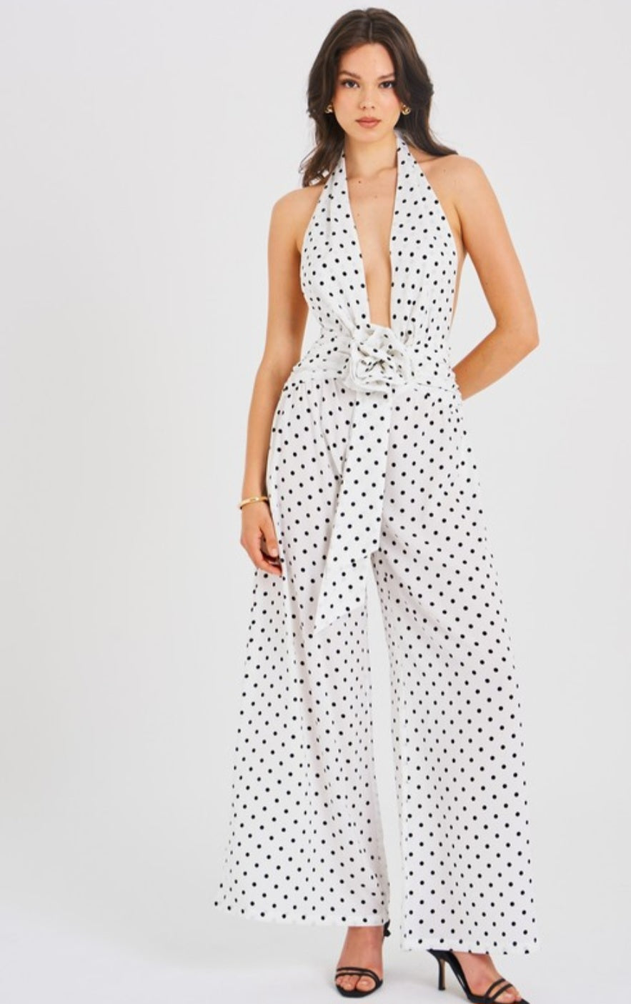 MISS CIRCLE ORIANA POLKA DOT HALTER JUMPSUIT