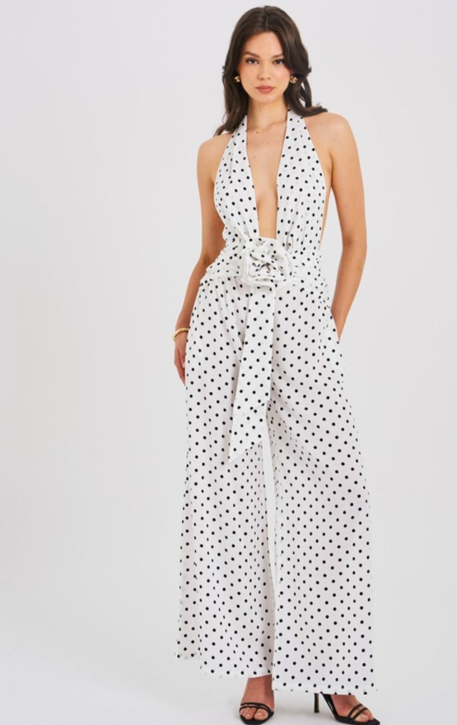 MISS CIRCLE ORIANA POLKA DOT HALTER JUMPSUIT