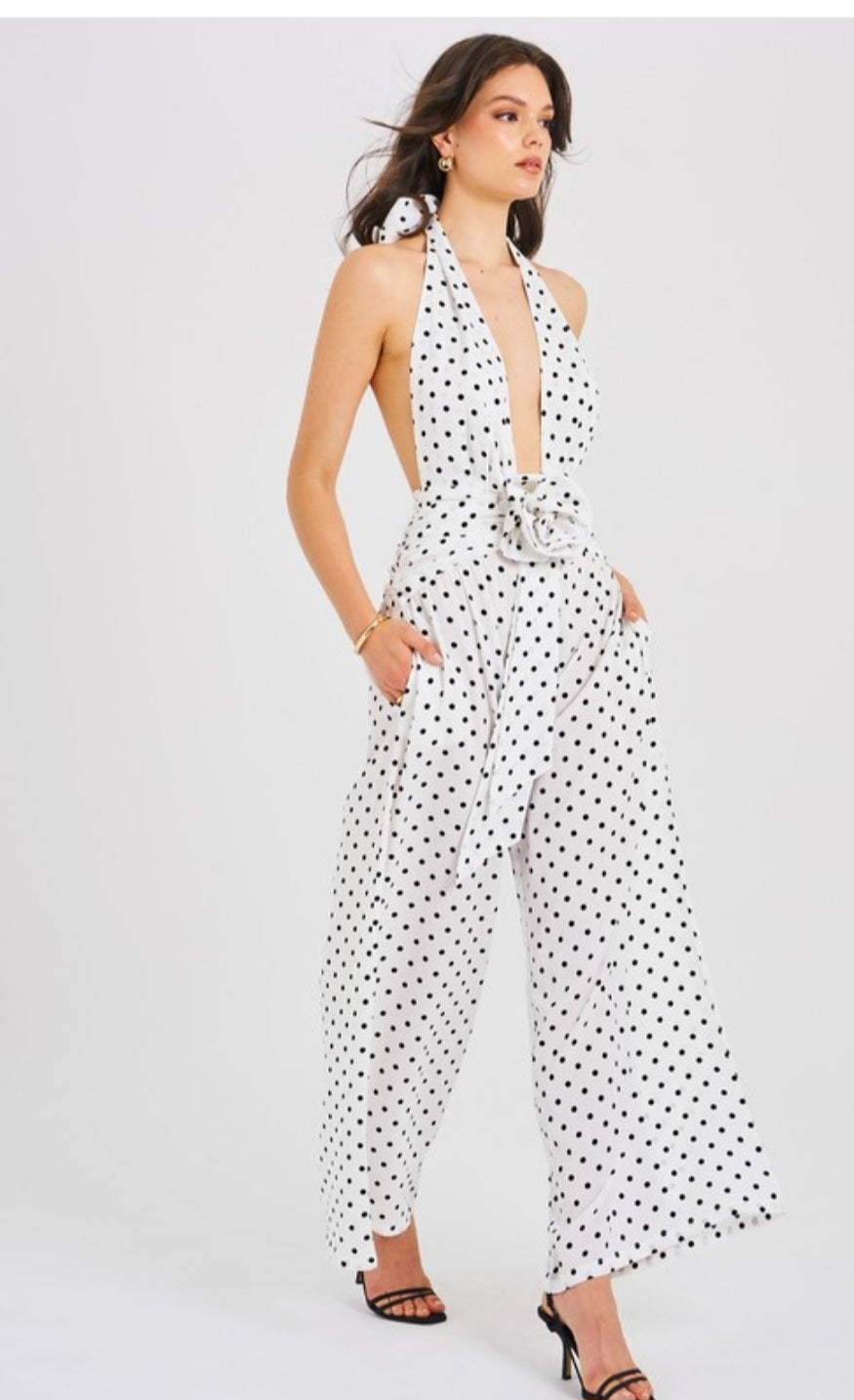 MISS CIRCLE ORIANA POLKA DOT HALTER JUMPSUIT