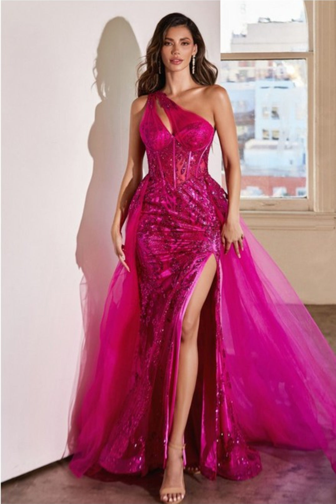 ONE SHOULDER GLITTER AND TULLE GOWN