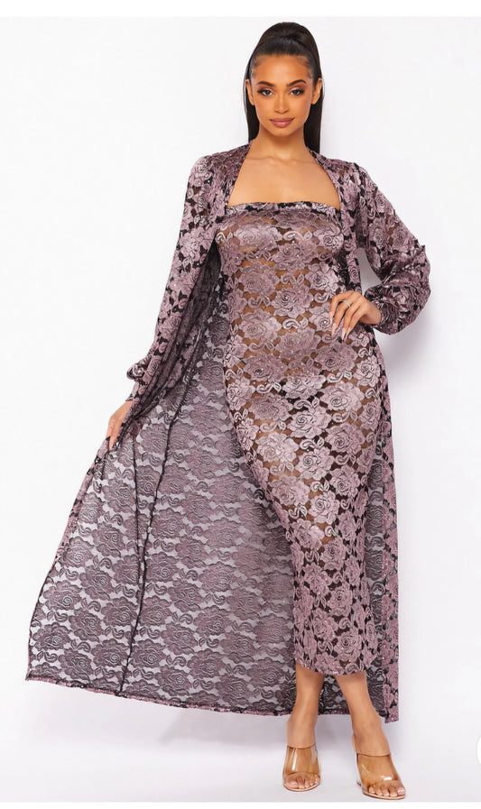 LONG SLEEVE CARDIGAN AND LACE SEQUIN MAXI DRESS