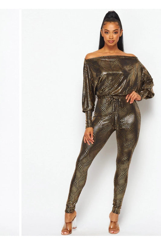 OFF THE SHOULDER LONG SLEEVE SHIMMER JUMPSUIT