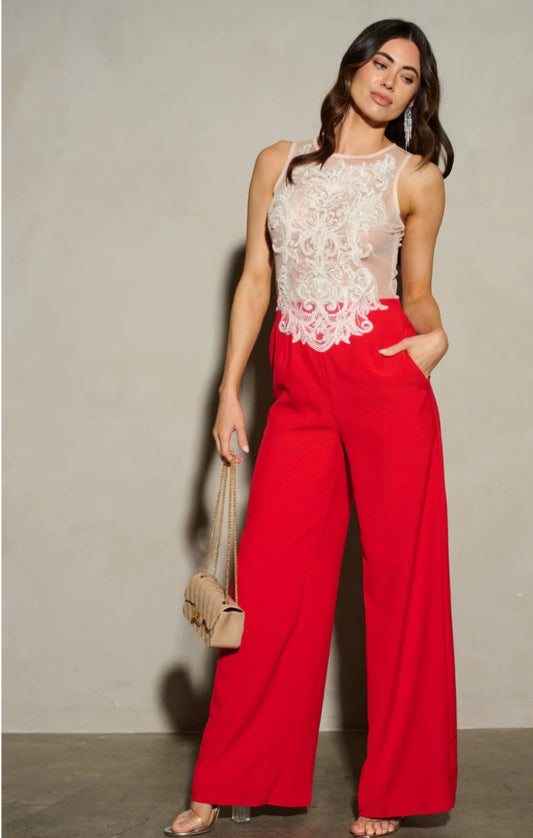 SLEEVELESS MESH EMBROIDERED WIDE LEG JUMPSUIT