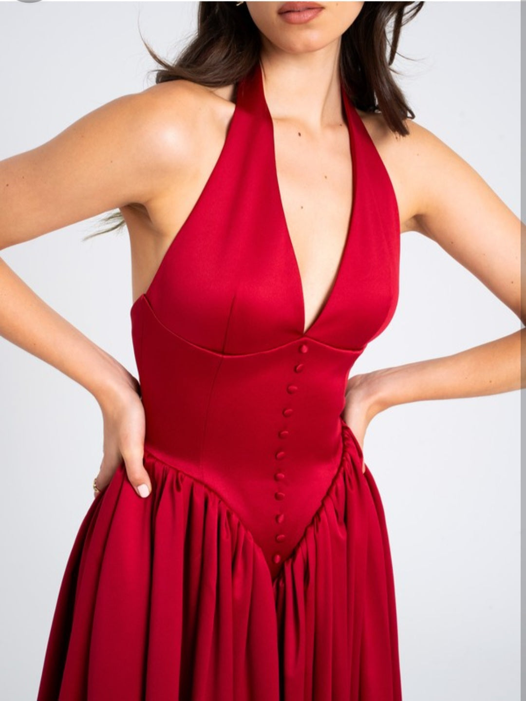 MISS CIRCLE CARA PLUNGING HALTER BACKLESS MIDI DRESS