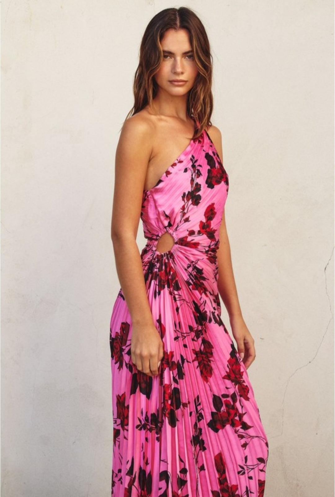 POTENTIAL HEARTACHE ASYMMETRICAL PLEATED MAXI DRESS