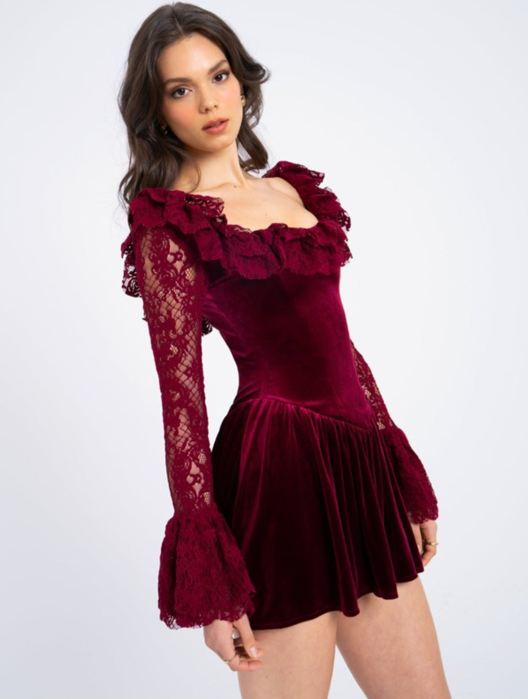 MISS CIRCLE YACHIRA VELVET RUFFLE MINI DRESS