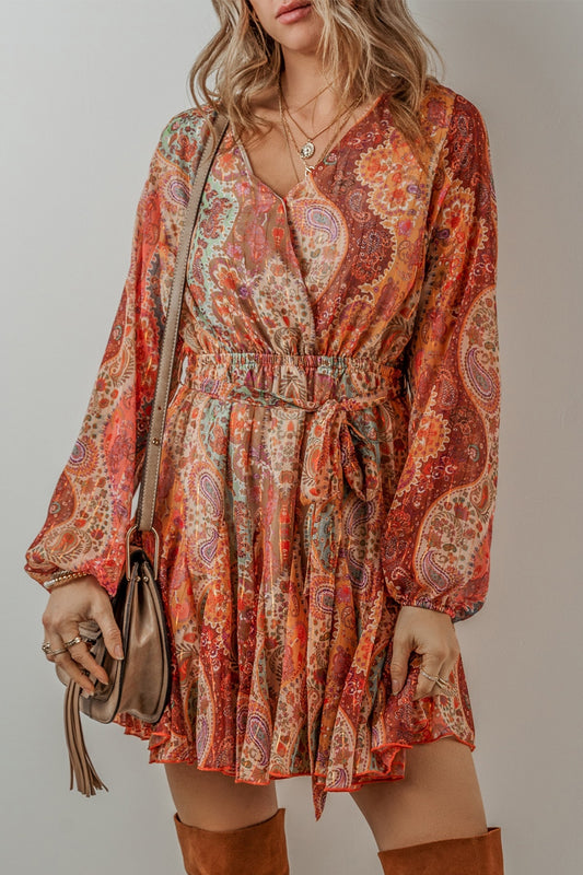 PRINTED BALLOON SLEEVE MINI DRESS