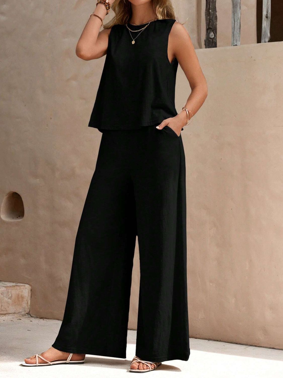 ROUND NECK SLEEVELESS TOP AND WIDE LEG PANTS SET