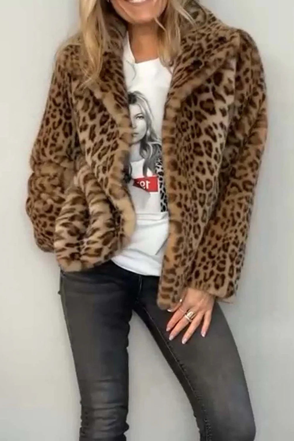 LEOPARD FURRY COLLARED NECK COAT