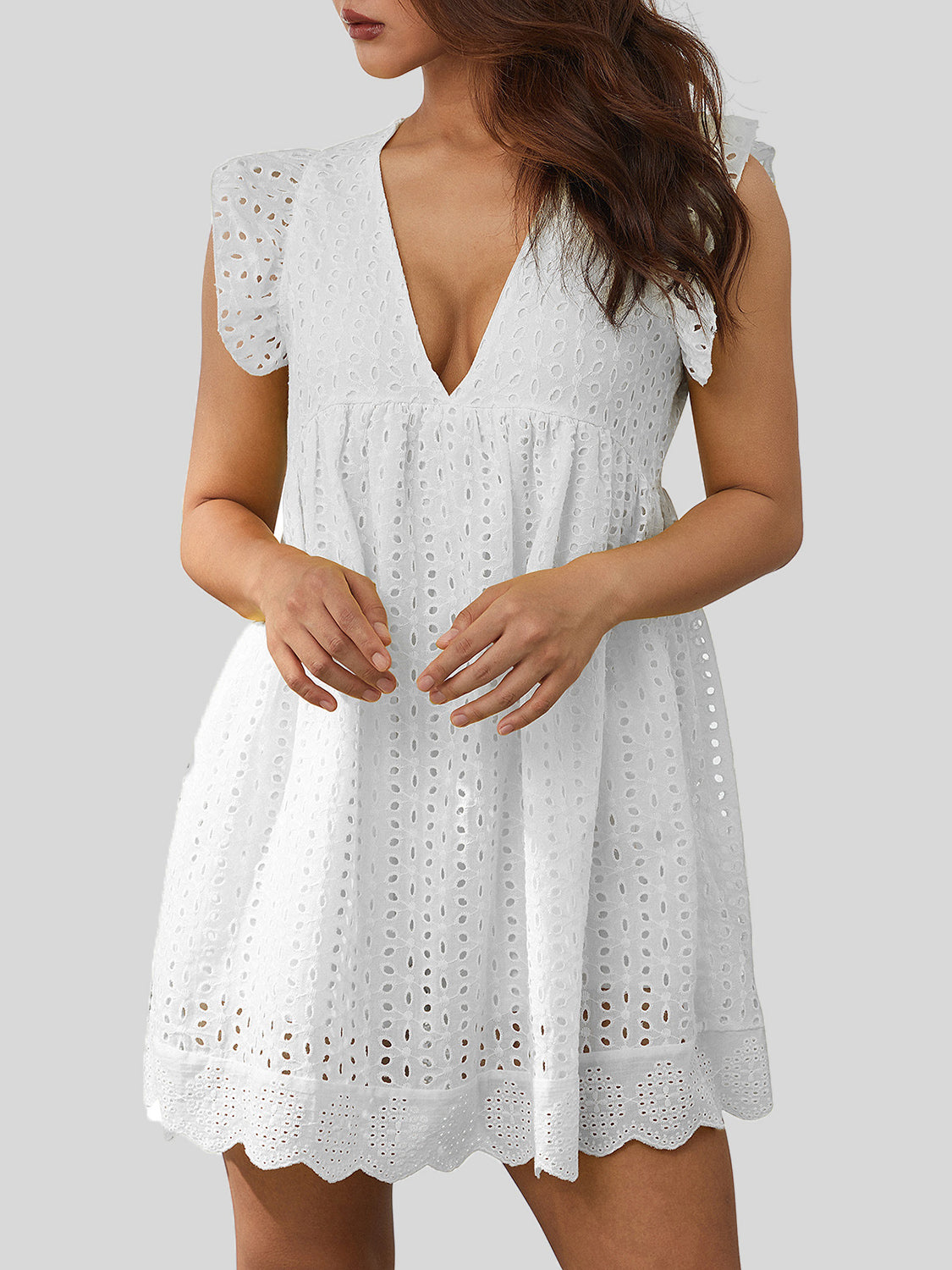 RUFFLED EYELET CAP SLEEVE MINI DRESS