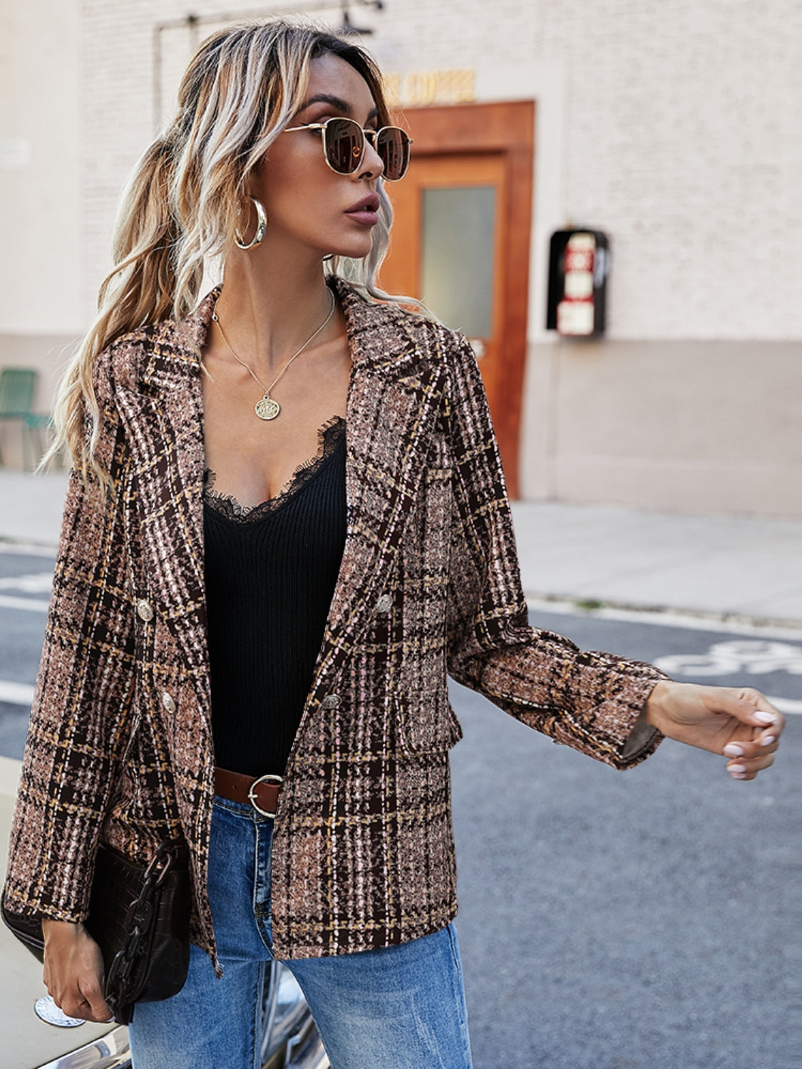 PLAID LAPEL COLLAR BLAZER