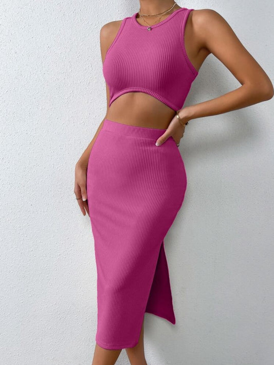 RIBBED ROUND NECK TANK AND SKIRT SET