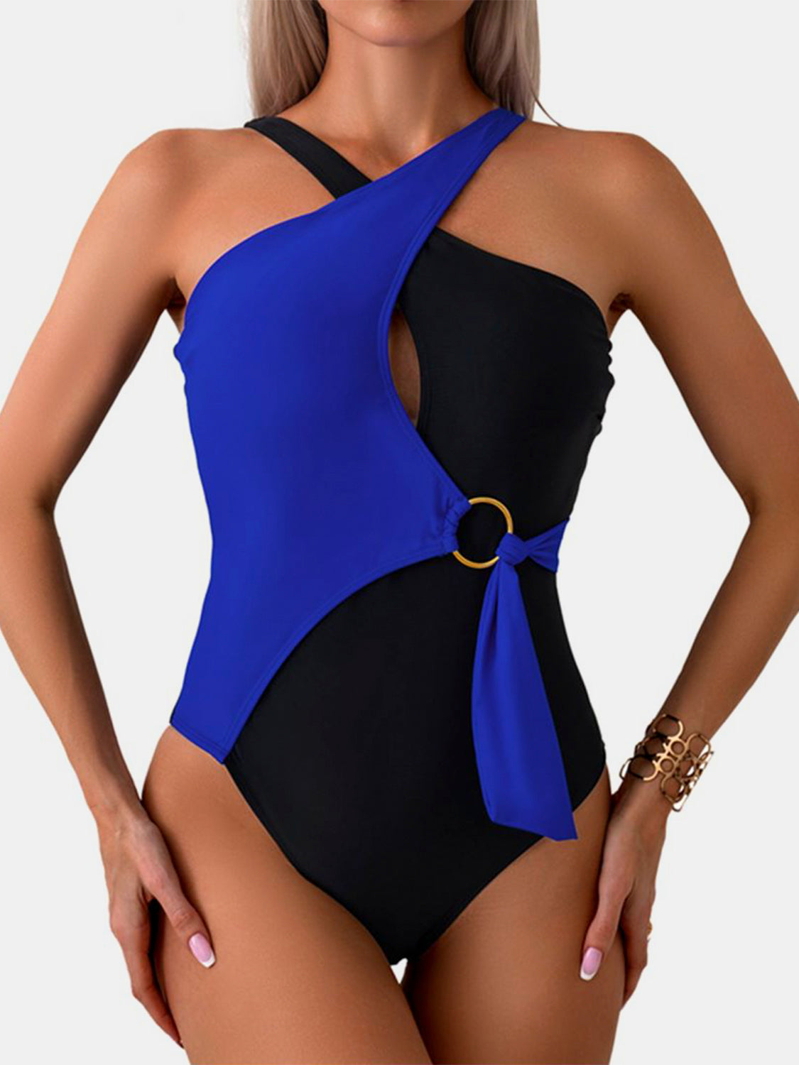 CUTOUT CONTRAST HALTER NECK ONE-PIECE SWIMSUIT