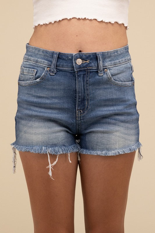 MID RISE RAW FRAYED HEM DENIM SHORTS