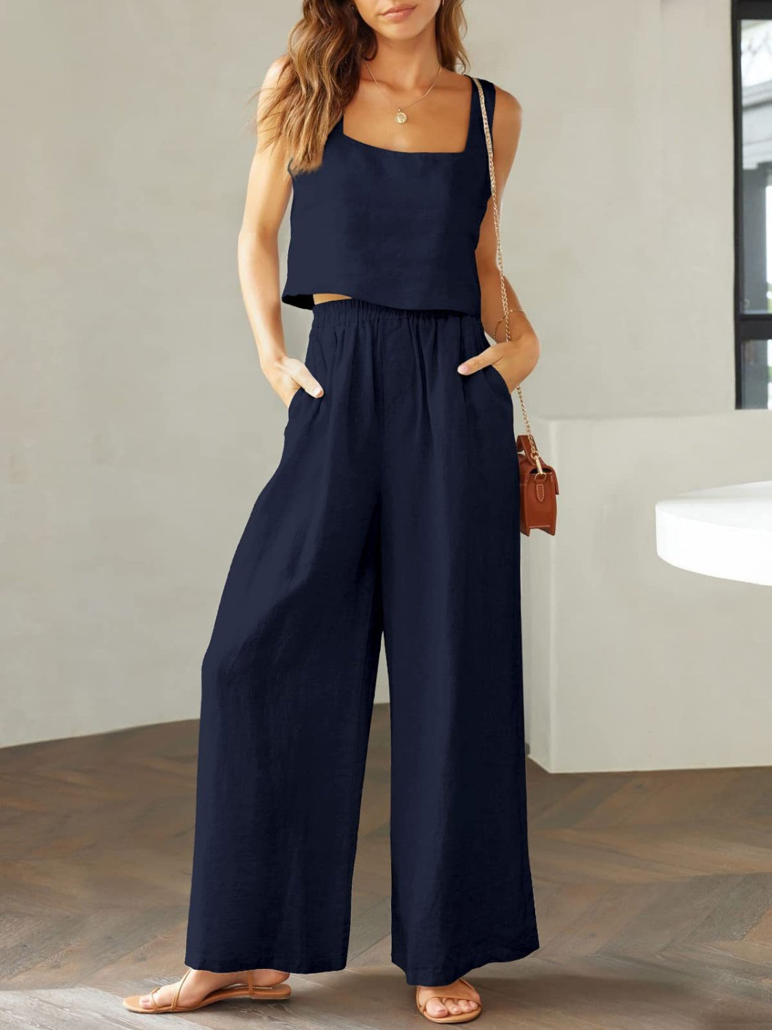 SQUARE NECK TOP AND WIDE LEG PANTS SET