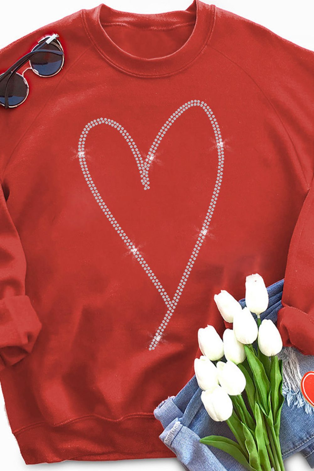 RHINESTONE HEART LONG SLEEVE SWEATSHIRT