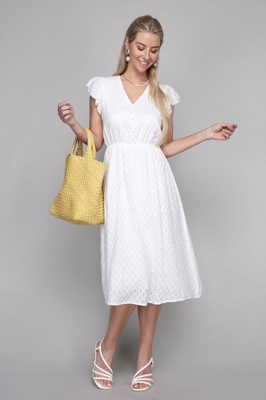 SHORT SLEEVE EMBROIDERED EYELET MIDI DRESS