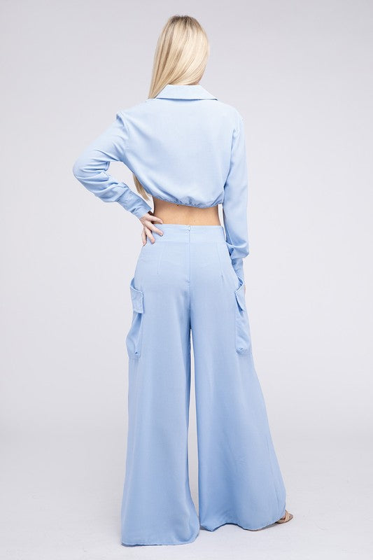 WRAP STYLE SHIRT & WIDE LEG PANT SET