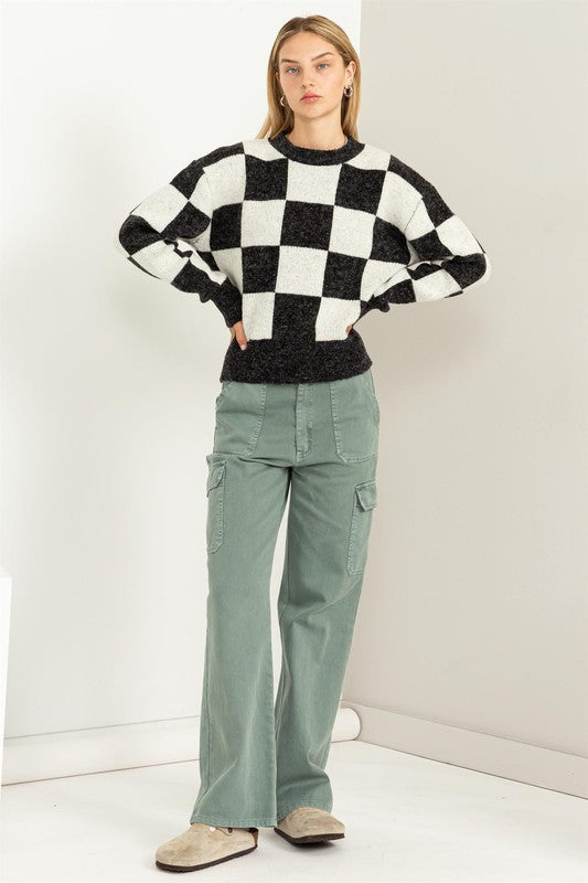 WEEKEND CHILLS CHECKERED LONG SLEEVE SWEATER