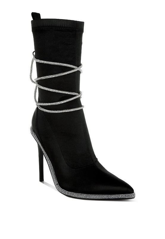 DACIA RHINESTONES STRAP SATIN CALF BOOTS