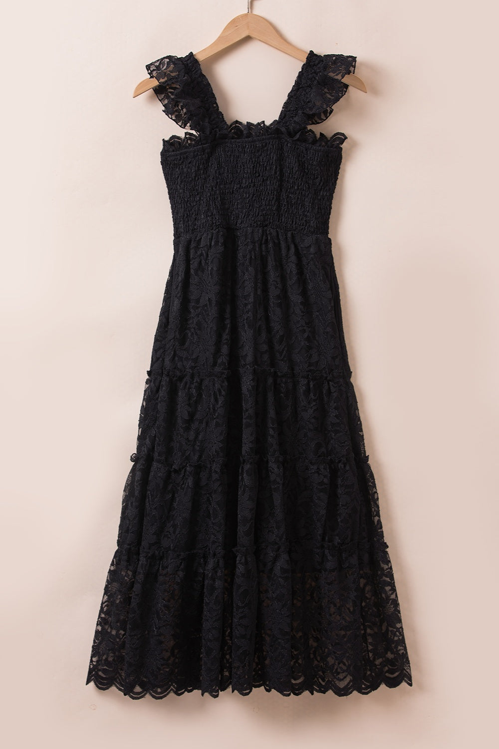 LACE RUFFLED WIDE STRAP MIDI DRESS