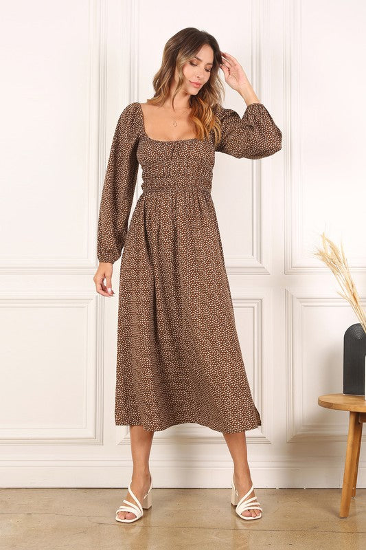 SQUARE NECK VINTAGE PUFF SLEEVE DRESS