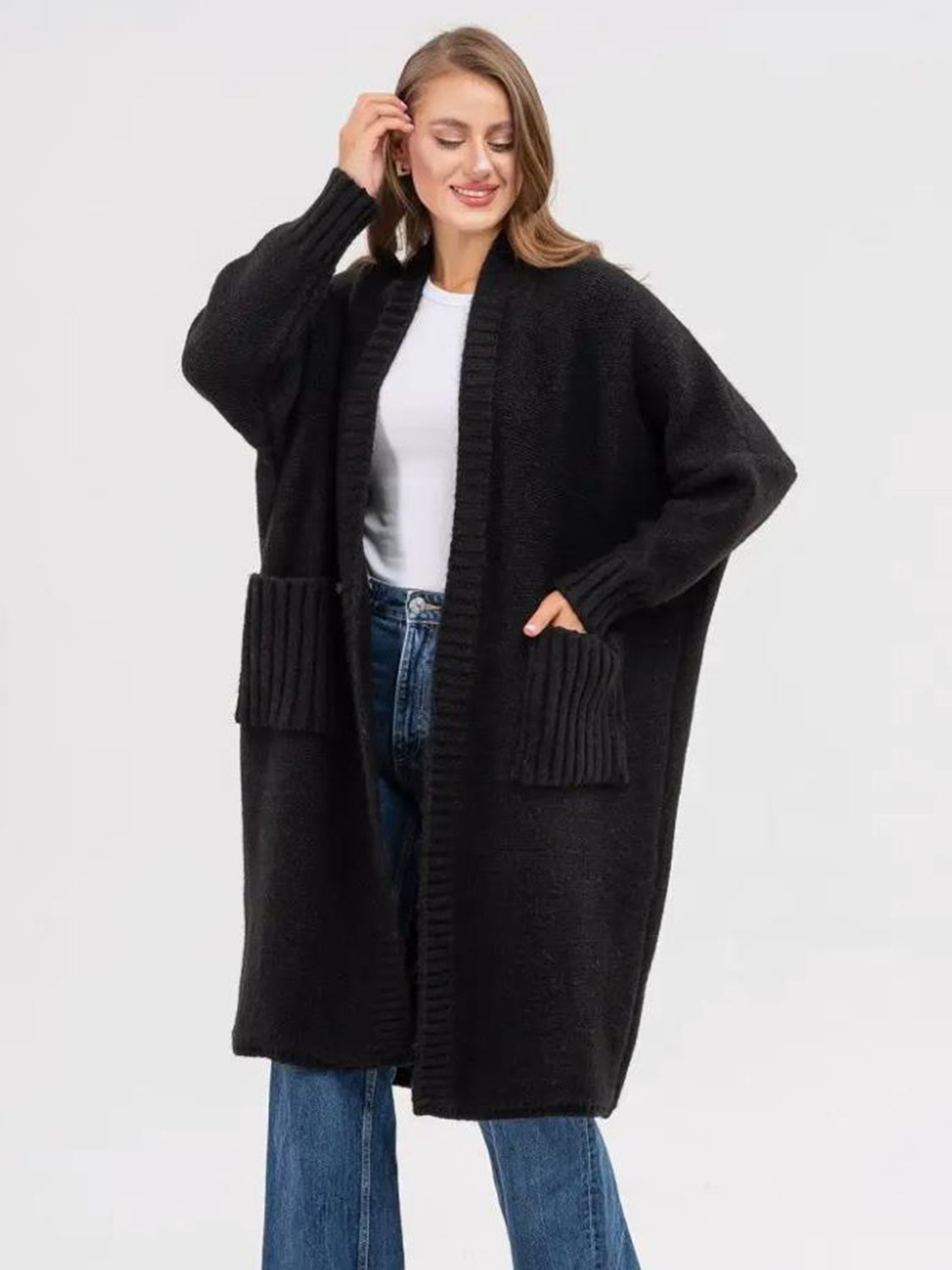 POCKETED OPEN FRONT LONG SLEEVE LONGLINE CARDIGAN