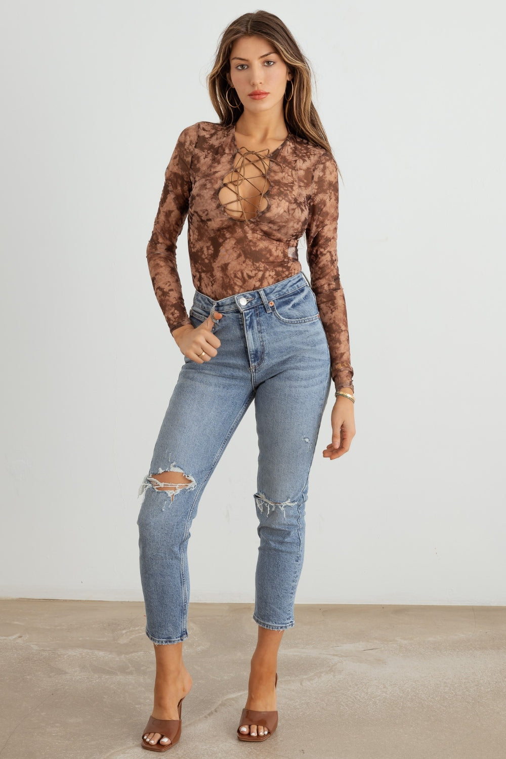 HERA COLLECTION ABSTRACT MESH LACE-UP LONG SLEEVE BODYSUIT