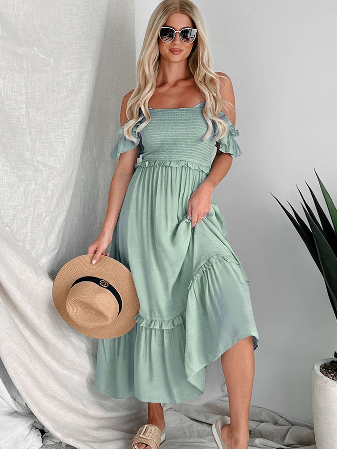 FRILL SMOCKED OFF THE SHOULDER RUFFLE SLEEVE DRESS