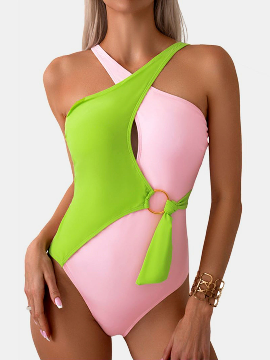 CUTOUT CONTRAST HALTER NECK ONE-PIECE SWIMSUIT