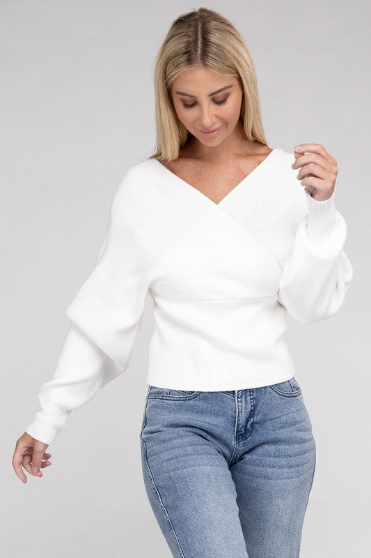 VISCOSE CROSS WRAP PULLOVER SWEATER