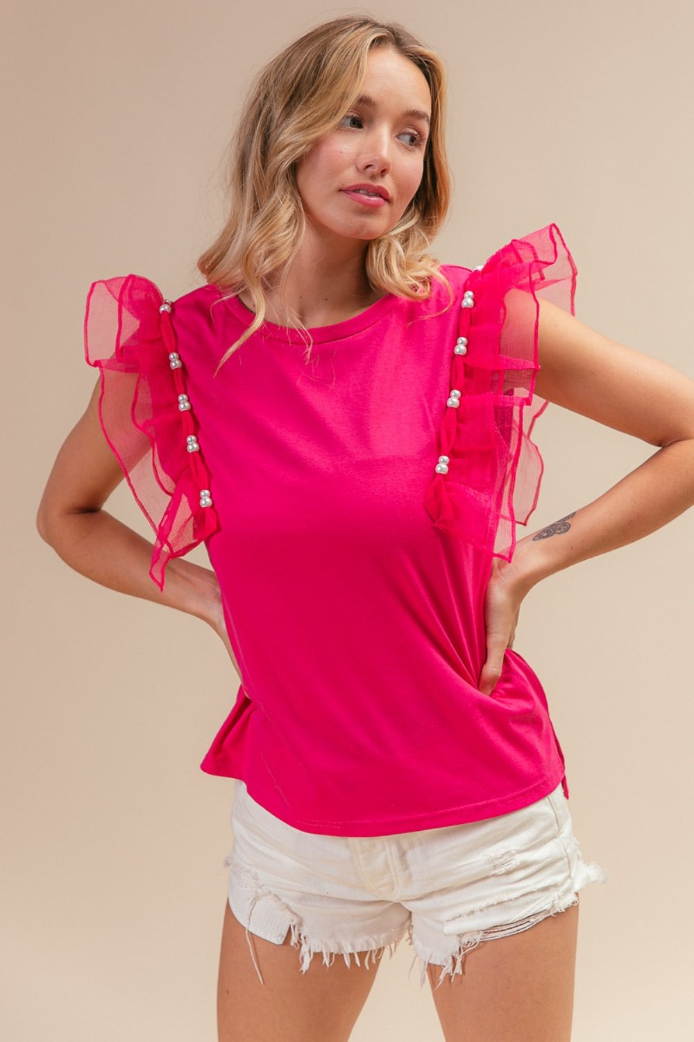 BiBi PEARL DETAIL MESH RUFFLE SLEEVE TOP