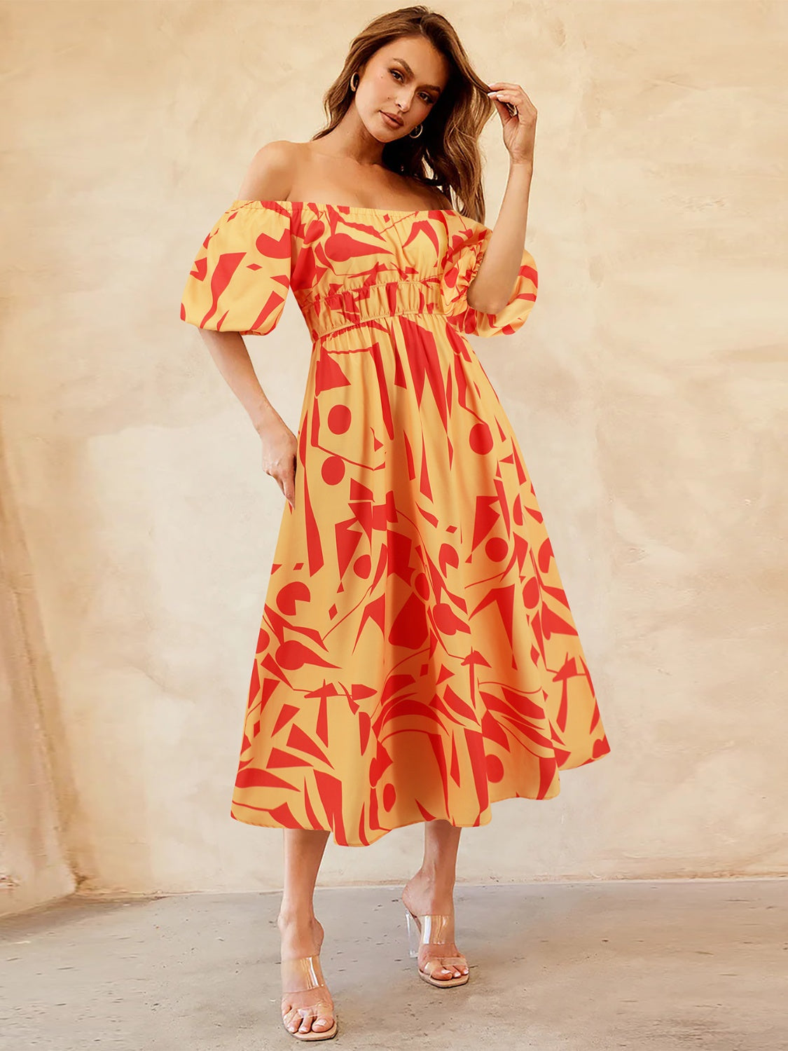 PRINTED OFF THE SHOULDER BALLOON SLEEVE DRESS
