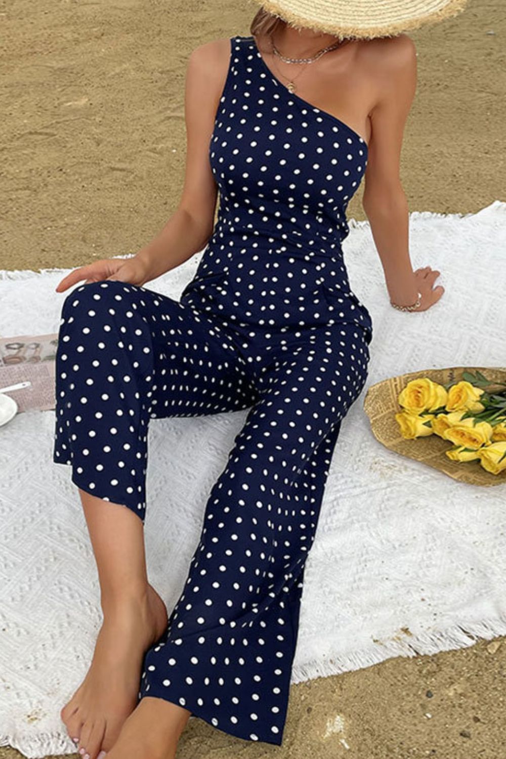 PERFEE POLKA DOT ONE-SHOULDER JUMPSUIT